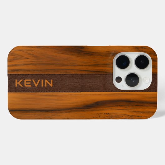 マホガニー木材およびレザーテクスチャモノグラム Case-Mate iPhoneケース (裏面 (横))