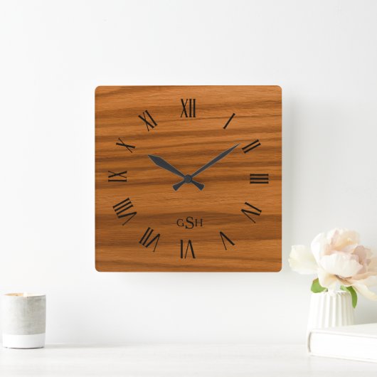 マホガニー木材テクスチャローマ数字 スクエア壁時計 (ホーム)