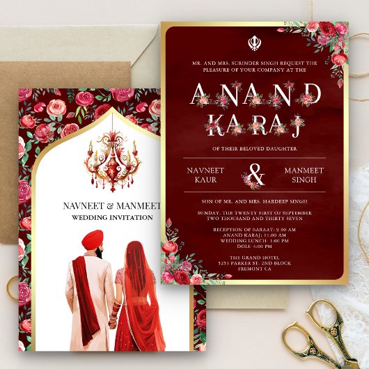 マホガニー・レッドのタイポグラフィ Anand Karaj シク教徒の結婚式 招待状