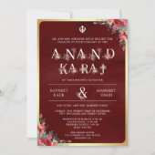 マホガニー・レッドのタイポグラフィ Anand Karaj シク教徒の結婚式 招待状 (正面)