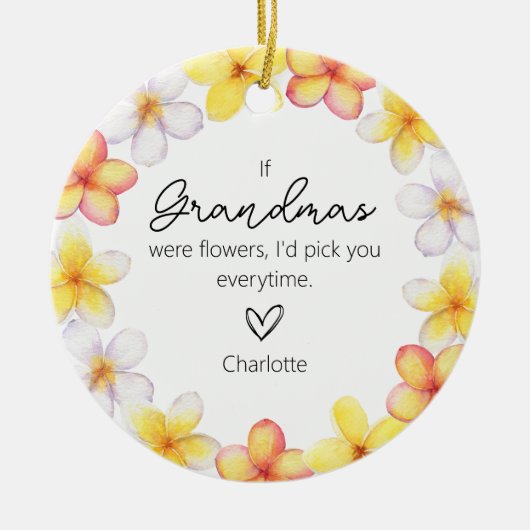 ママおばあちゃんの孫の名前花模様水色 セラミックオーナメント (正面)