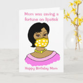 ママおもしろい顔マスクリップスティックブラックヘア誕生日 カード (黄色い花)