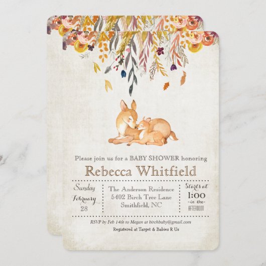 ママおよびシカの紅葉のベビーシャワーの招待状 招待状 (正面/裏面)
