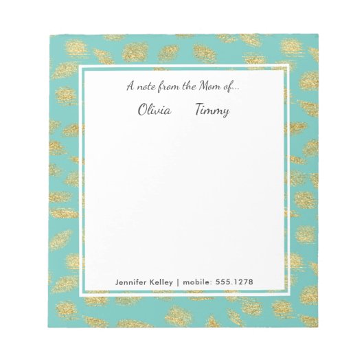 ママからのメモ…ティール（緑がかった色）と金ゴールド パーソナライズされた ノートパッド (正面)