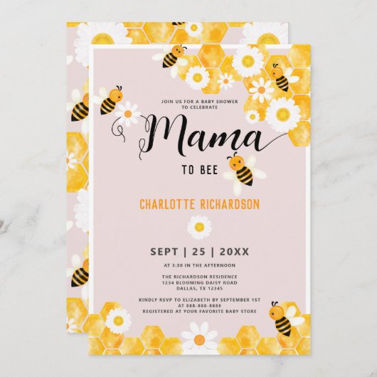 ママかわいいのデイジーのまわりに赤ちゃんシャワー 招待状 (正面/裏面)