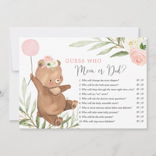 ママかパパのゲームピンクのフローラテディベア 招待状 (正面)