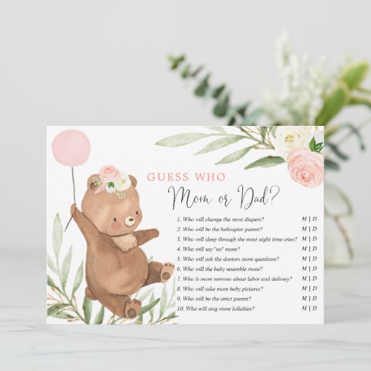 ママかパパのゲームピンクのフローラテディベア 招待状 (スタンド正面)