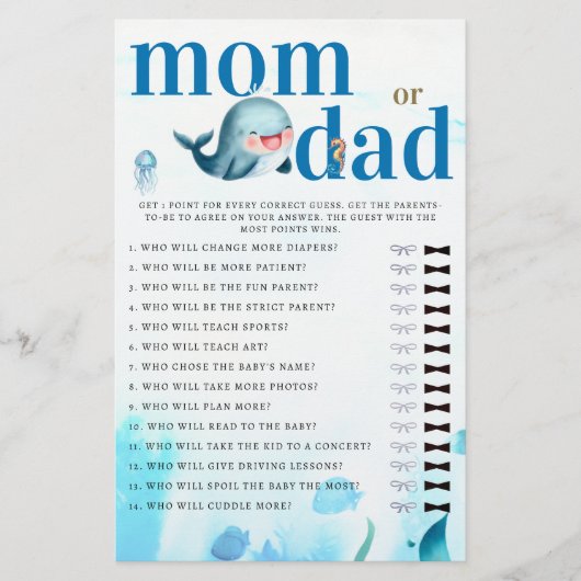 ママかパパは赤ちゃんシャワーゲームかわいいクジラを推測 チラシ (正面)