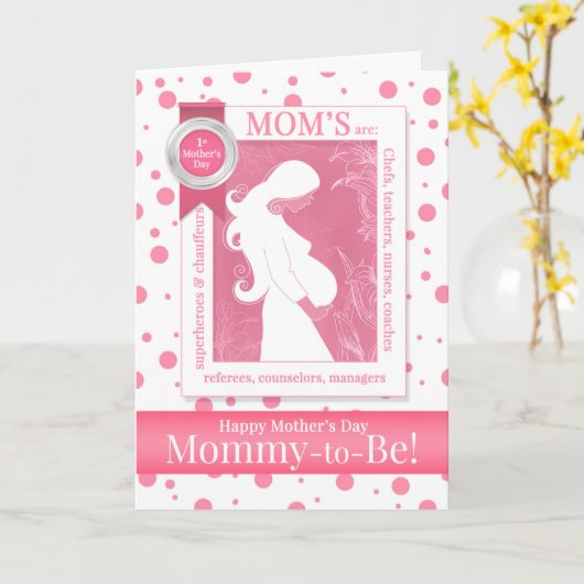 ママがピンクの水玉模様おもしろい母の日に カード (黄色い花)