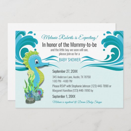 ママが待ち望む男の子のための赤ちゃんシャワー招待状 招待状 (正面/裏面)