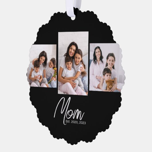 ママが現代のスクリプトを確立 黒 3 枚の写真 オーナメントカード (左)