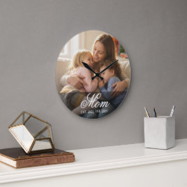 ママが現代の白いスクリプト写真を設立 ラージ壁時計