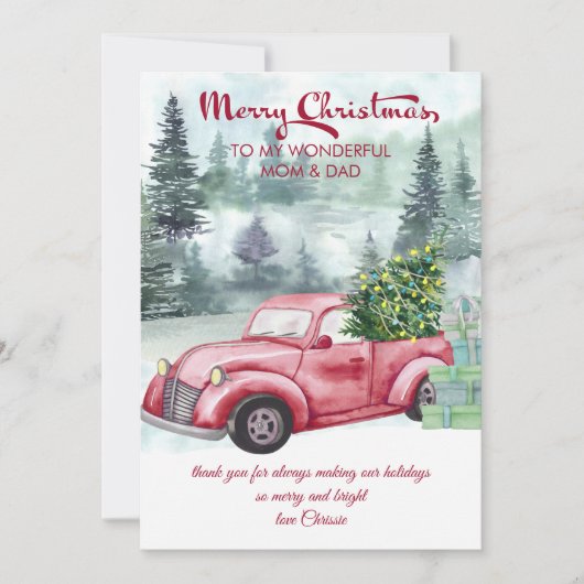 ママとパパヴィンテージレッドトラックとクリスマスツリー シーズンカード (正面)