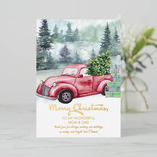 ママとパパヴィンテージレッドトラッククリスマスツリー金ゴールド 箔シーズンカード (立ち正面)