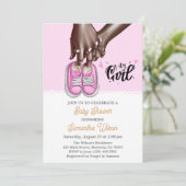 ママとパパ保持ピンクガールシューズベビーシャワー 招待状 (スタンド正面)