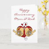 ママとパパ 周年おめでとう 花のハートを持つ鳥たち カード (黄色い花)