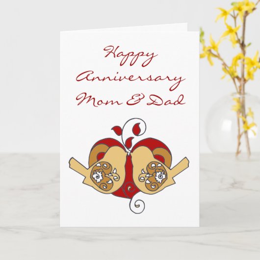 ママとパパ　周年おめでとう　花のハートを持つ鳥たち カード (黄色い花)