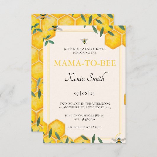 ママとビーの赤ちゃんシャワーの招待状 (正面/裏面)