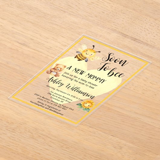 ママとビーはちみつクマ赤ちゃん女の子シャワーアクリル アクリル招待状 (レイダウン)