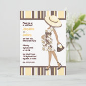 ママとビー（暗い肌）黄色の赤ストライプのちゃんシャワー 招待状 (スタンド正面)