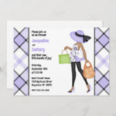 ママとビー(黒い肌)紫の格子柄の赤ちゃんシャワー 招待状 (正面/裏面)