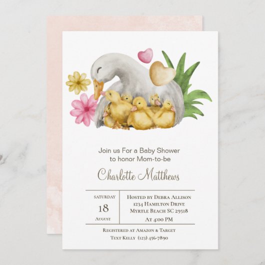 ママとベビーアヒル水中競技動物ベビーシャワーI 招待状 (正面/裏面)