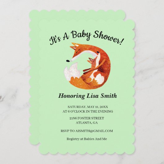ママとベビーキツネベビーシャワー 招待状 (正面/裏面)
