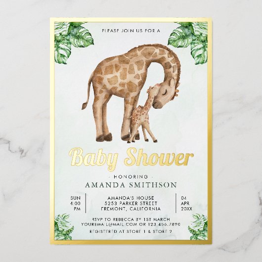 ママとベビーキレーフサファリベイビーシャワー金ゴールド 箔招待状 (正面)