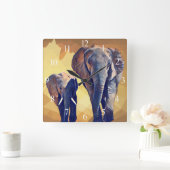 ママとベビーゾウの秋装飾用クッション スクエア壁時計 (ホーム)