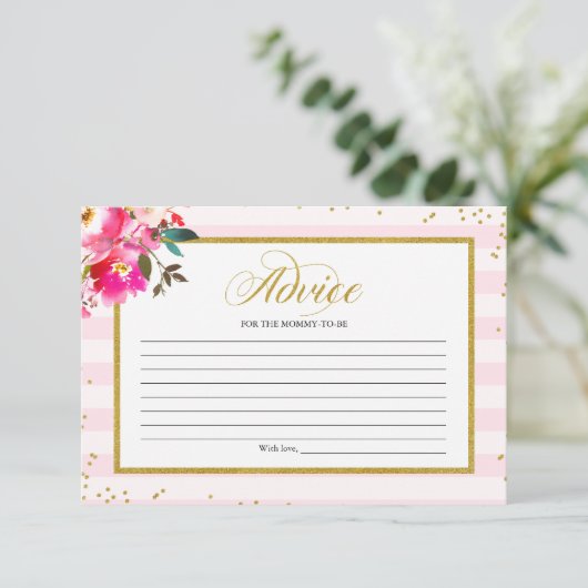 ママとベビーピンクの金ゴールドフローラ赤ちゃんシャワー用アドバイス 招待状 (スタンド正面)