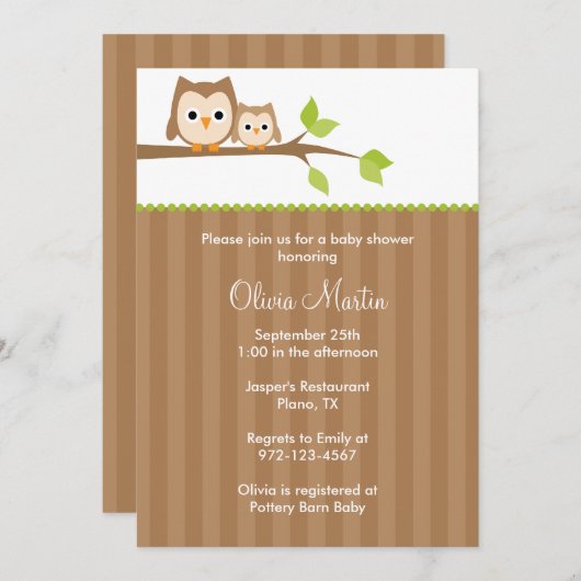 ママとベビーフクロウベビーシャワー招待状 招待状 (正面/裏面)