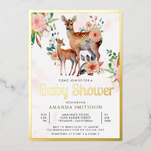 ママとベビーフローラディアベビーシャワー金ゴールド 箔招待状 (正面)