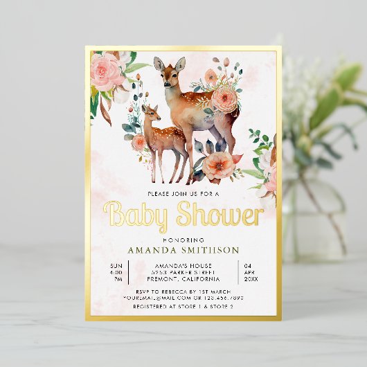 ママとベビーフローラディアベビーシャワー金ゴールド 箔招待状 (立ち正面)