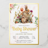 ママとベビーフローラバニーベビーシャワーゴールドフォイル 箔招待状 (正面)