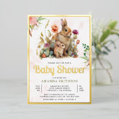 ママとベビーフローラバニーベビーシャワーゴールドフォイル 箔招待状 (立ち正面)