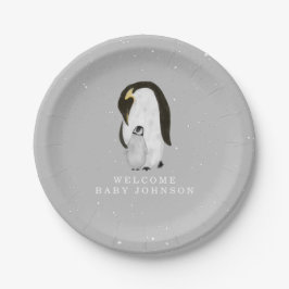 ママとベビーペンギンニュートラルグレーベビーシャワー ペーパープレート