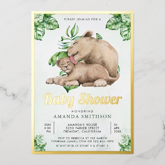 ママとベビーライオンキューブジャングルベビーシャワー金ゴールド 箔招待状 (正面)