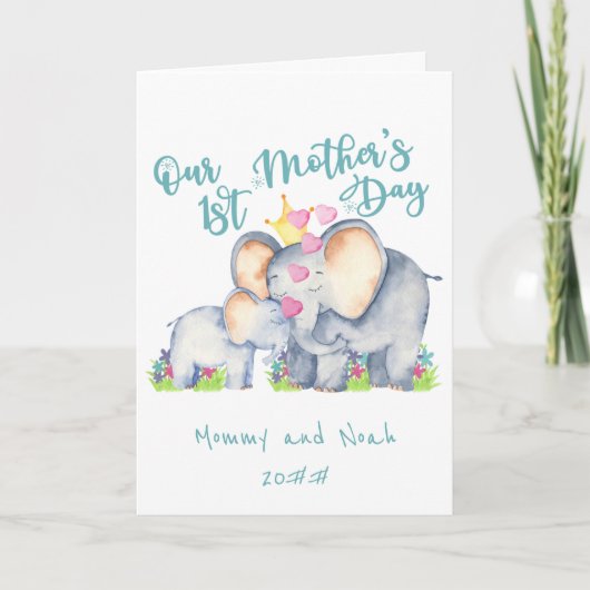 ママとベビー象ティール（緑がかった色）第1母の日カード シーズンカード (正面)