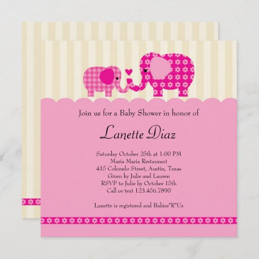 ママとベビー象ベビーガールシャワー招待状 招待状 (正面/裏面)