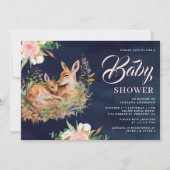ママとベビー鹿フローラネイビーブルーベビーシャワー 招待状 (正面)