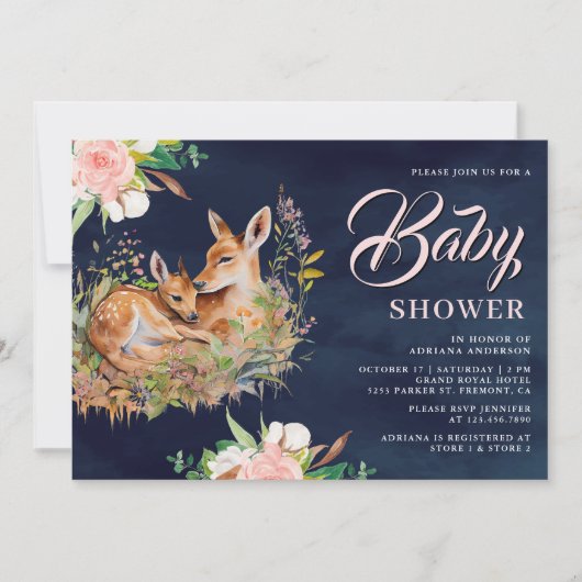ママとベビー鹿フローラネイビーブルーベビーシャワー 招待状 (正面)