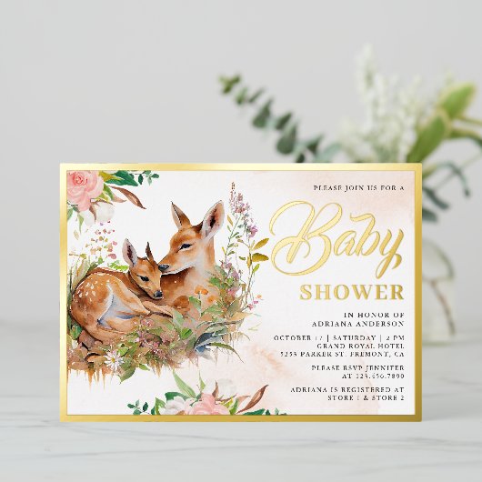 ママとベビー鹿フローラベビーシャワー金ゴールド 箔招待状 (立ち正面)
