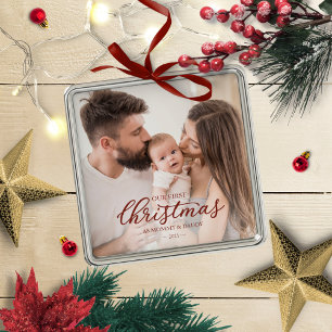 ママと初めてのクリスマスパパベビー写真 メタルオーナメント