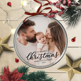 ママと初めてのクリスマスパパベビー写真 メタルオーナメント