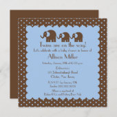 ママと双子の赤ちゃんゾウの男の子のベビーシャワー 招待状 (正面/裏面)