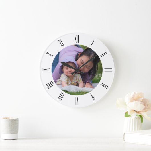 ママと子の円の形の家族の写真 ラージ壁時計 (ホーム)
