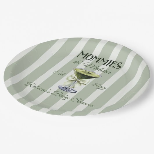 ママと抹茶オリーブグリーンボウ赤ちゃんシャワー ペーパープレート (アングル)