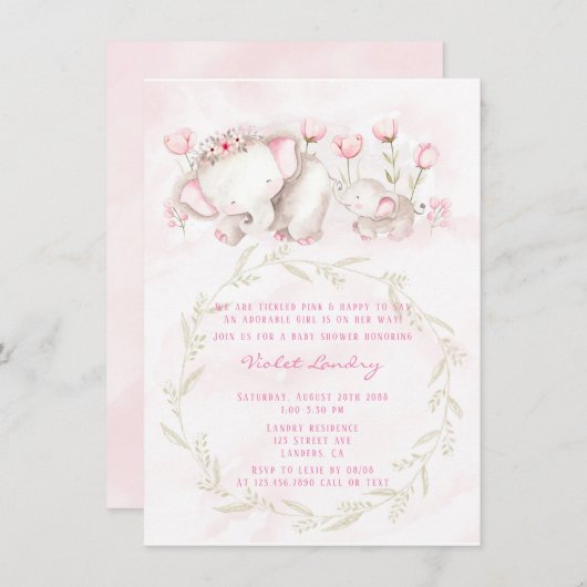 ママと私エレファントパステルガールベビーシャワー 招待状 (正面/裏面)