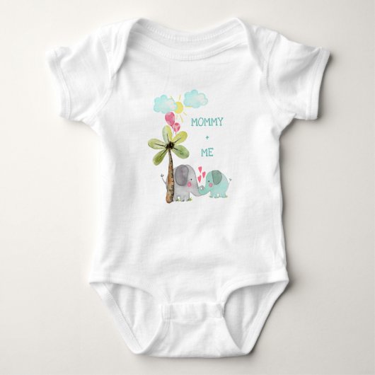ママと私 |ティール（緑がかった色）ママとベビーゾウ ベビーボディスーツ (正面)
