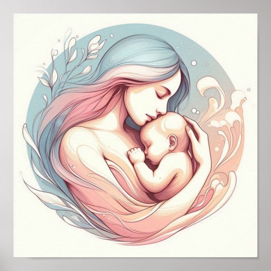 ママと赤ちゃんのミニマルパステルアート ポスター (正面)